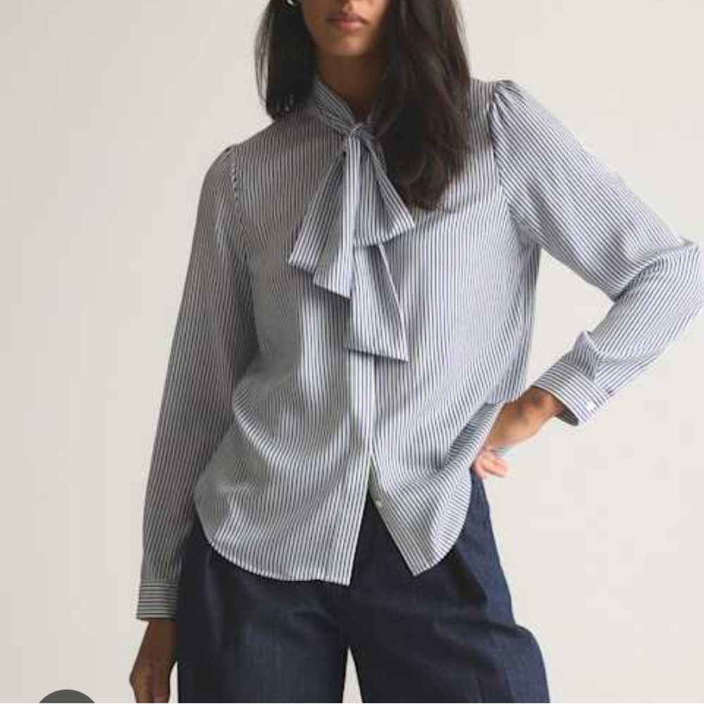 Quince Navy and White Striped Blouse with Bow